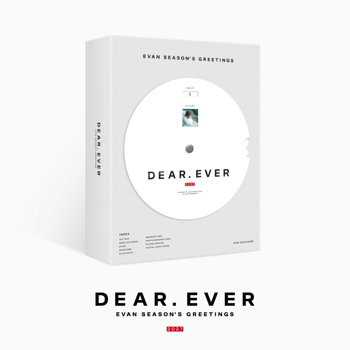 Evan Season's Greetings 'Dear. Ever' box set shown on a clean white background, featuring a white rectangular box with a large printed CD graphic on the front and title text below.